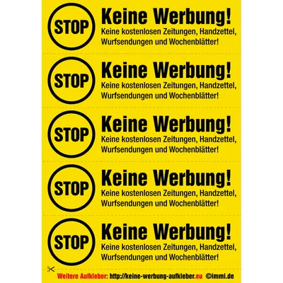 immi 40 Aufdrucke, Stop Keine Werbung Aufkleber (Gelb - gleiche Aufdrucke)