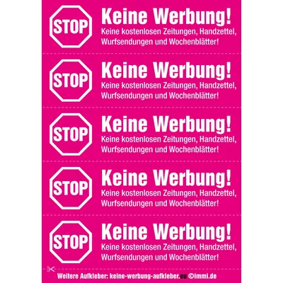 immi 40 Aufdrucke, Stop Keine Werbung Aufkleber (Magenta - gleiche Aufdrucke)