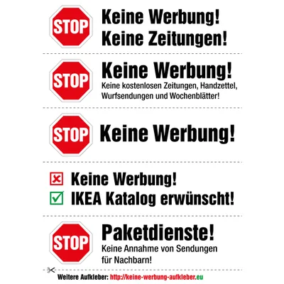 immi 40 Aufdrucke, Stop Keine Werbung Aufkleber (Wieder ablösbar - Verschiedene)