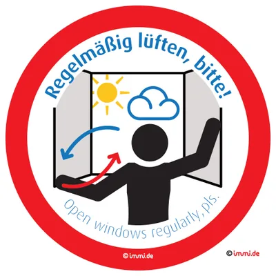 immi 4x Aufkleber Regelmäßig lüften/Open windows regularly, Hygiene/frische Luft, 95mmØ
