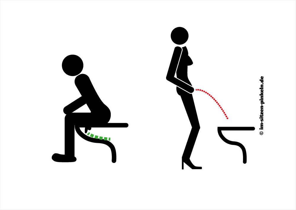 Frauen im Stehen, Männer im Sitzen – Piktogramm Frau pinkelt im Stehen - immi.de